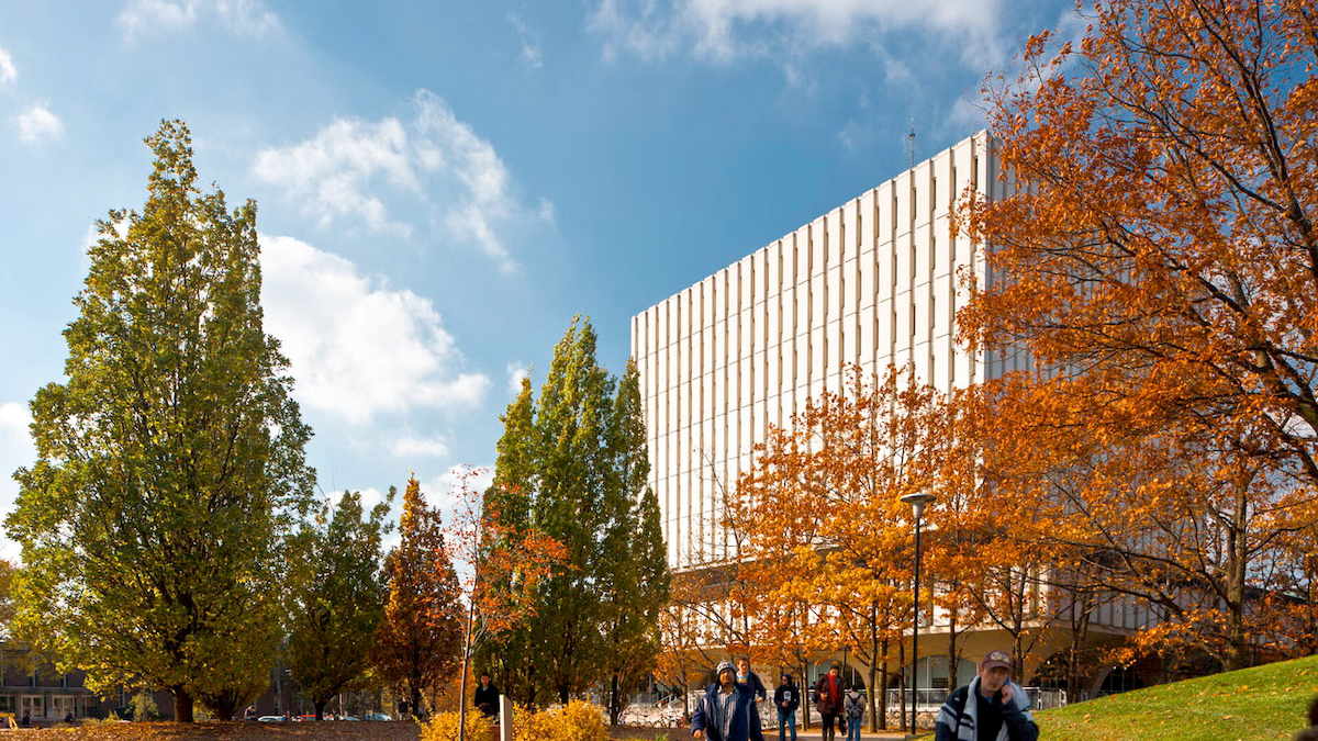 The Dana Porter library in a fall environment.