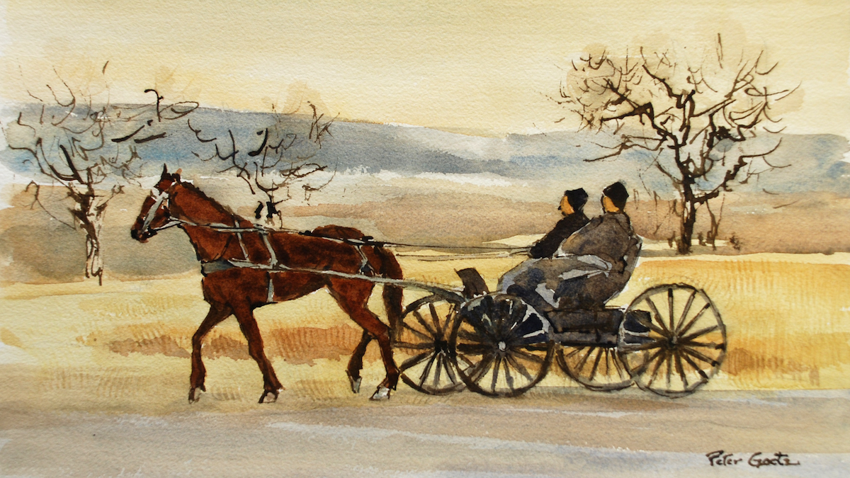 A watercolour painting of two Mennonites in a horse-drawn buggy by artist Peter Goetz.