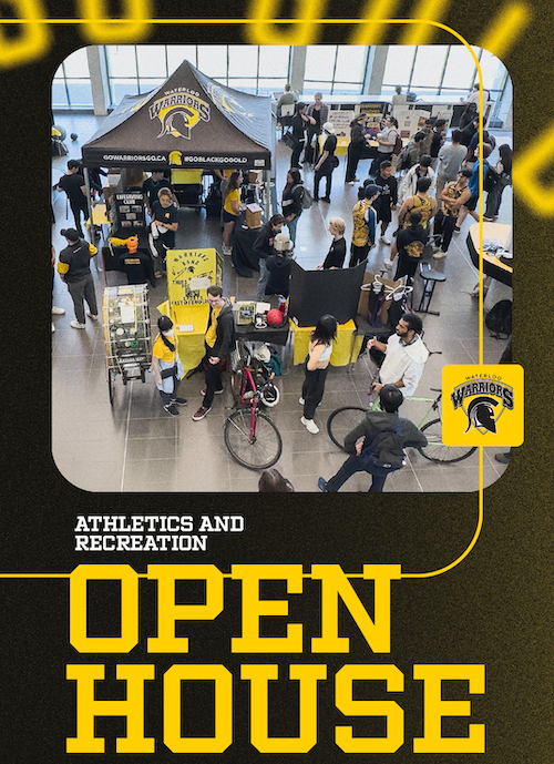 Open House graphic featuring an Athletics tent pitched in the Student Life Centre.