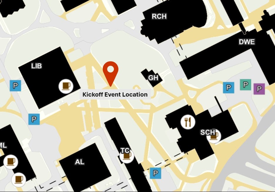 A campus map with the kick-off BBQ site highlighted in red.