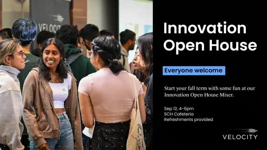 Velocity Innovation Open House mixer invitation banner featuring students mixing and mingling.