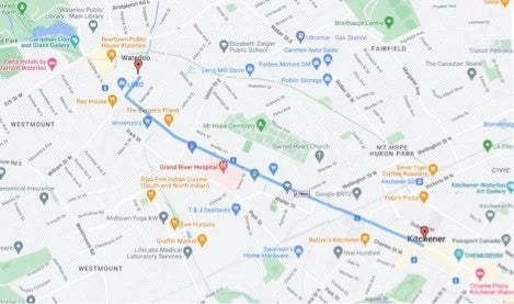 A map of Waterloo and Kitchener showing the march route.