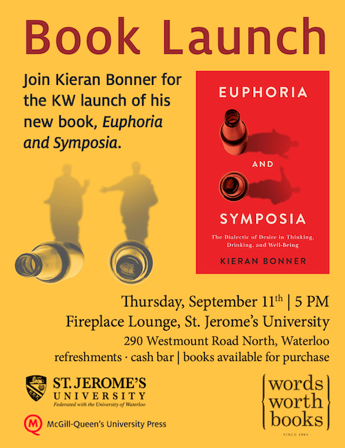 The book launch event poster for "Euphoria and Symposia" written by Dr. Kieran Bonner.