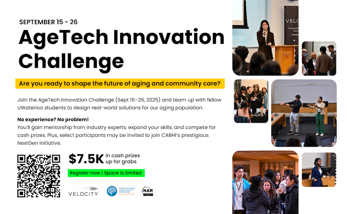 AgeTech Innovation Challenge website featuring Velocity students giving presentations.