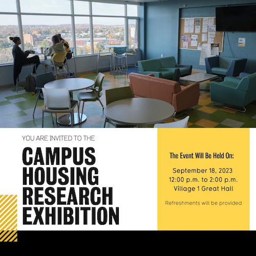 Residence lounge that advertises the September 18 research exhibition.