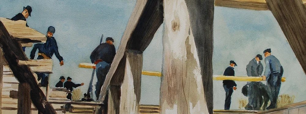 A painting of a Mennonite barn-raising by artist Peter Goetz.