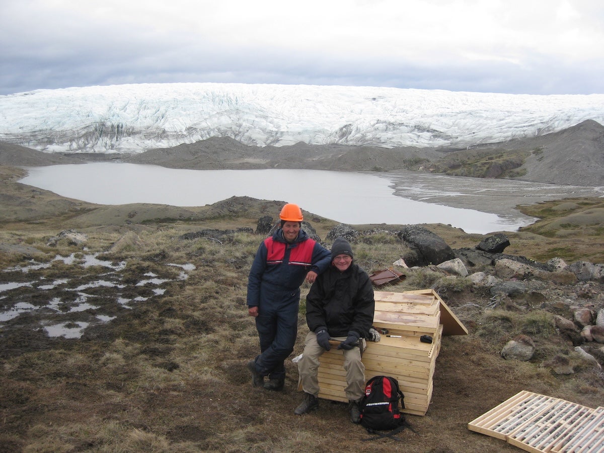 Shaun Frape and his collaborator, Timo Ruskeeniemi, at a field site in Greenland.