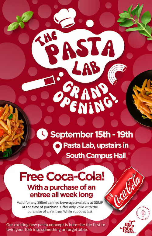 The Pasta Lab grand opening graphic featuring dishes of pasta.