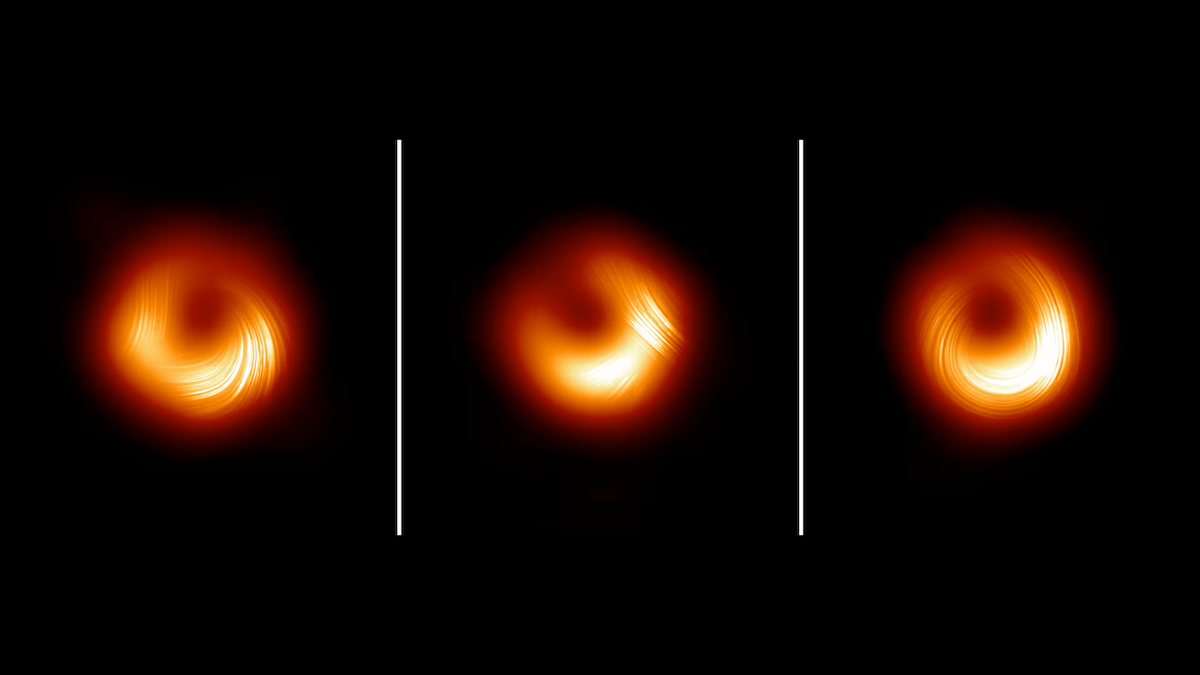A collage of three images of the M87 black hole's magnetic field.