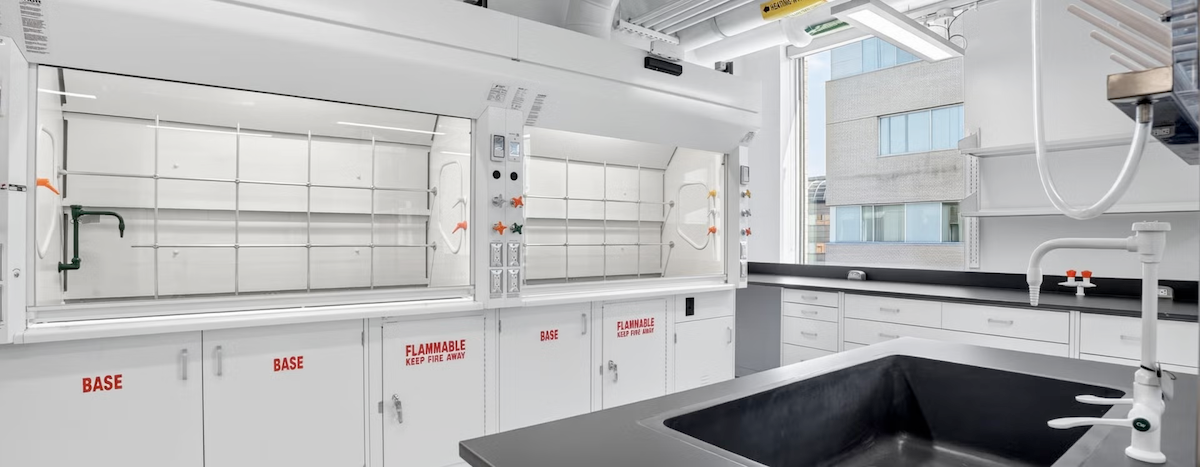 A lab in Earth Sciences and Chemistry with clean white surfaces.