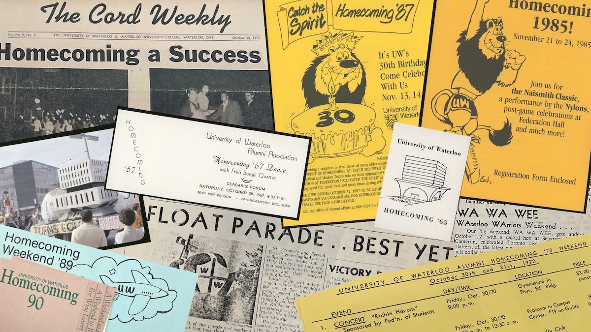 A collage of Homecoming-related print materials from Waterloo's history.