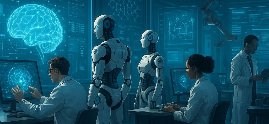 An illustration of two androids standing over lab workers working at computers with holographic displays.