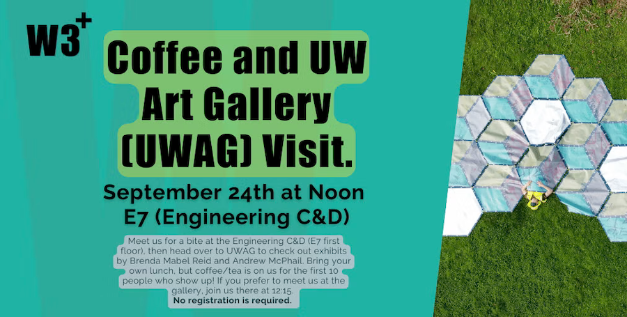 W3+ coffee and art gallery banner featuring an artist asleep beneath a giant quilt made up of coloured hexagons.