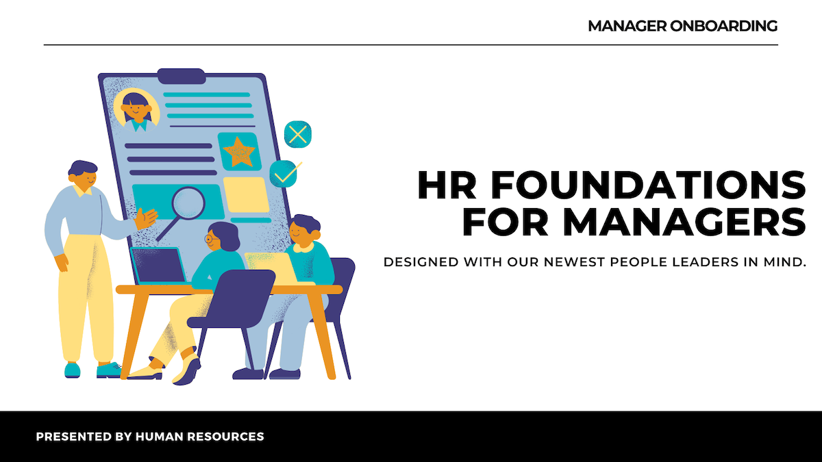 HR Foundations for Managers graphic featuring flat-style illustrations of a man giving a presentation to seated colleagues.