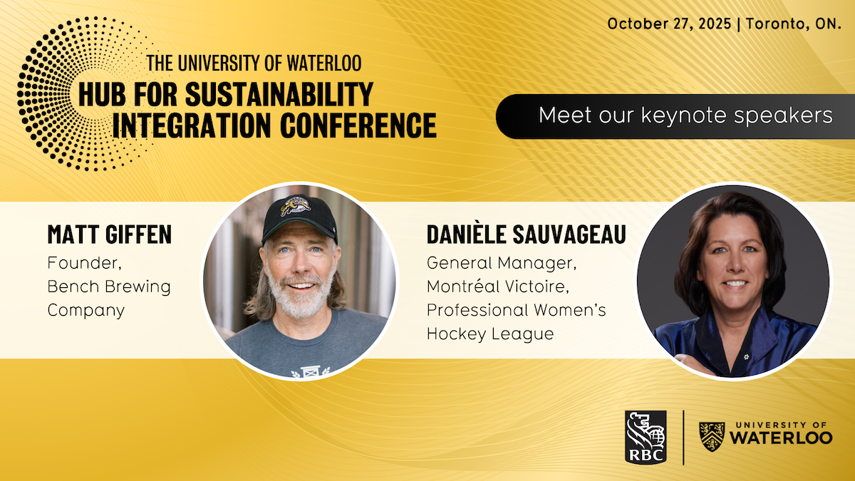 Hub for Sustainability Integration Conference banner featuring the two keynote speakers.