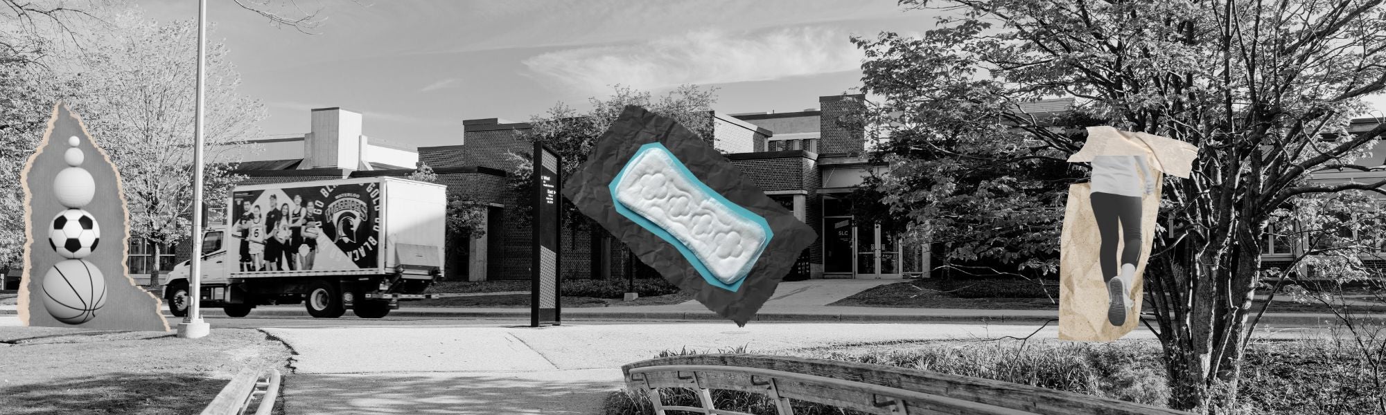 A sanitary napkin superimposed over a black and white image of the Student Life Centre.