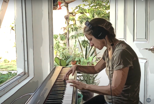 Pianist Becky Reesor sits at a synthesizer keyboard in a filtered photo.