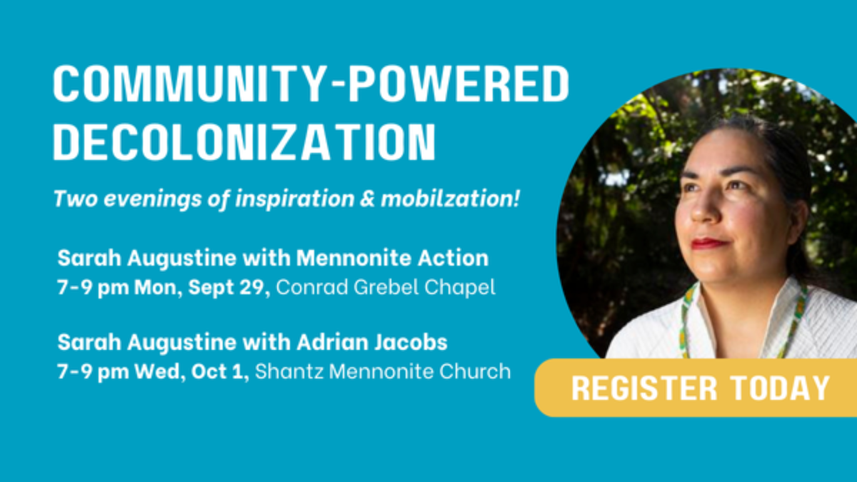 "Community-powered Decolonization" graphic featuring Sarah Augustine.