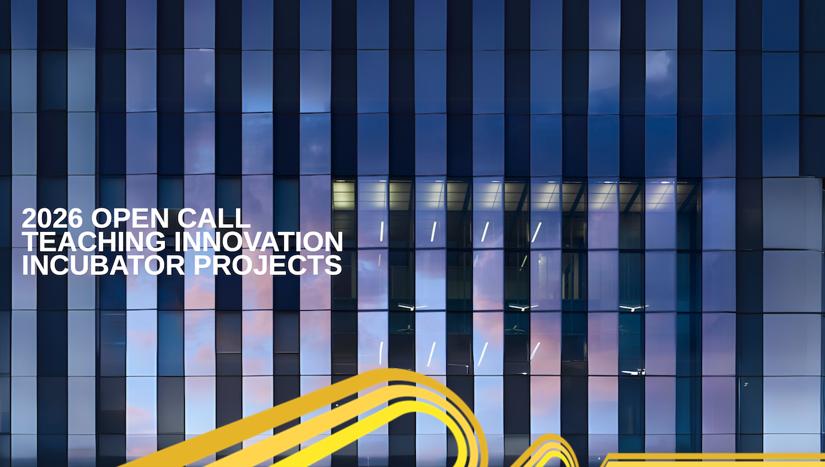 Teaching Innovation Incubator call for proposals graphic showing the mirrored facade of a campus building.