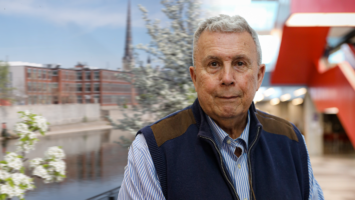 A collage of images featuring Bill Woodworth flanked by the School of Architecture building and the atrium of Engineering 7.