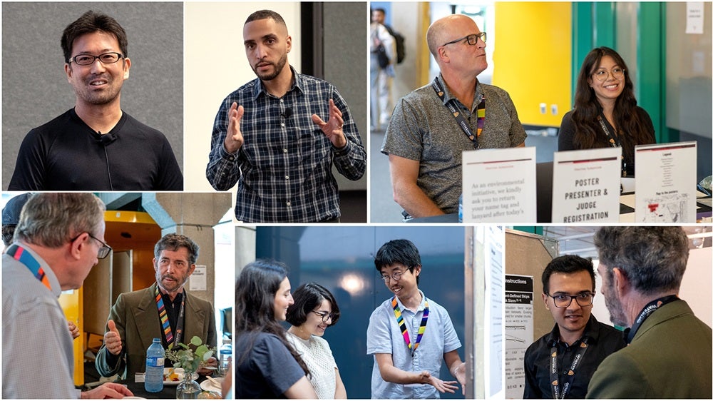 Collage of six photos from a university research event.