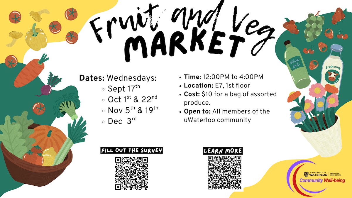 Fruit and Veg market banner featuring illustrations of fruits and vegetables as well as QR codes.
