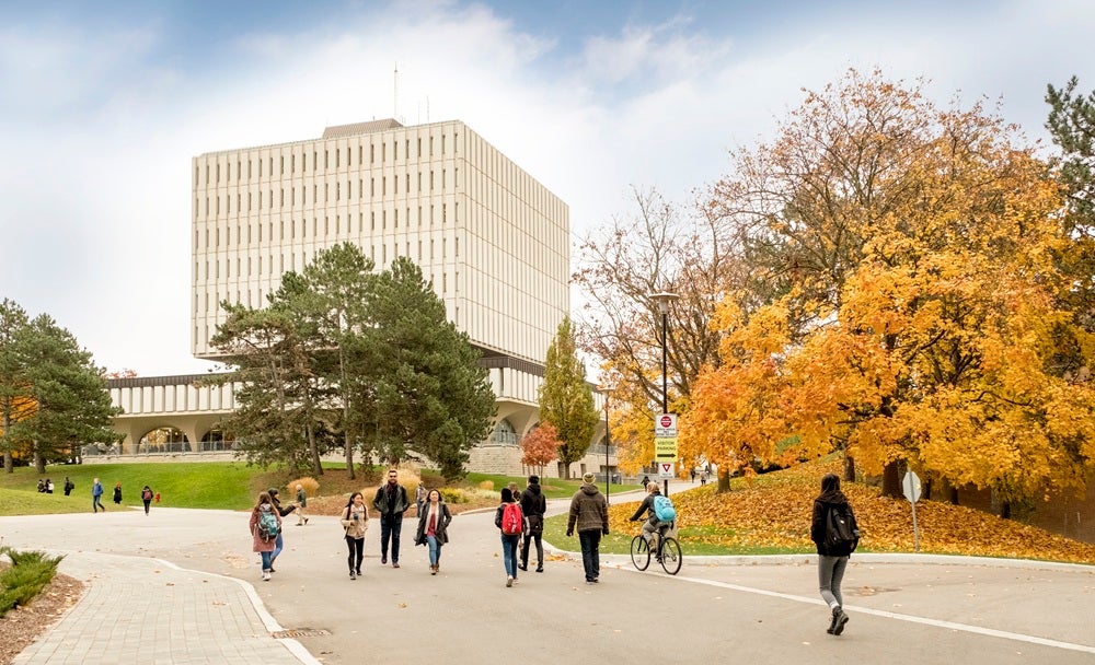 Students walk on a road towards Dana Porter Library, surrounded by fall foliage.