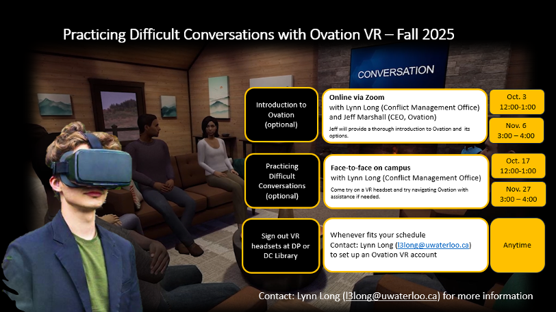 A person wears an Ovation VR helmet in an office setting.