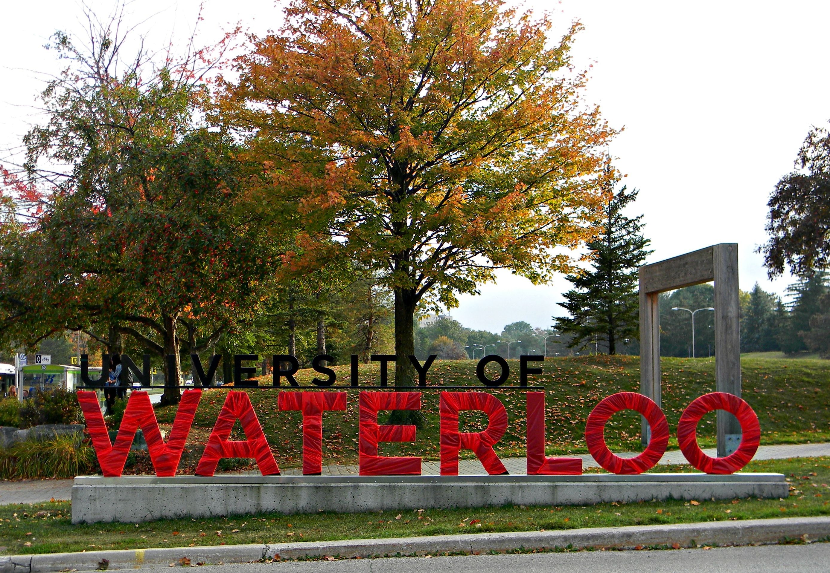 The South Campus entrance, with the Waterloo sign festooned in red.