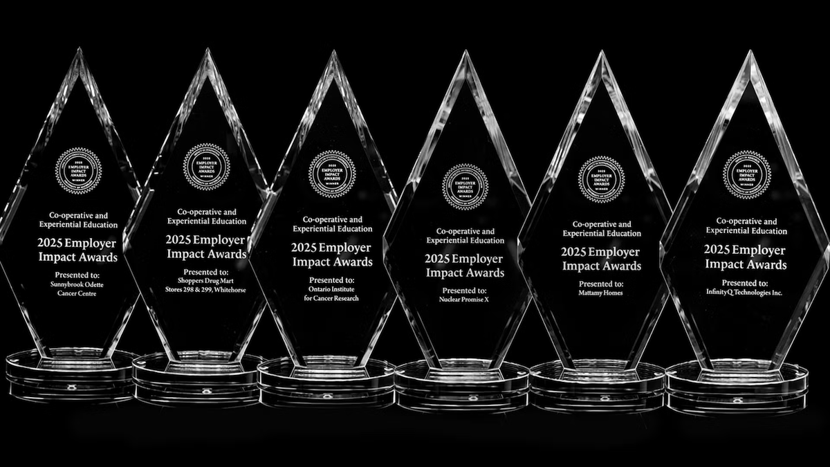 A row of six Co-op Employer of the Year awards in a line.