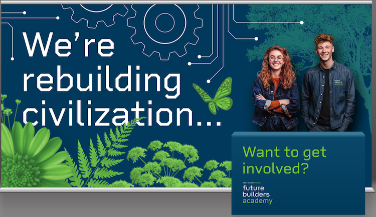 Banner with ferns that says "we're rebuilding civilization, want to get involved?"