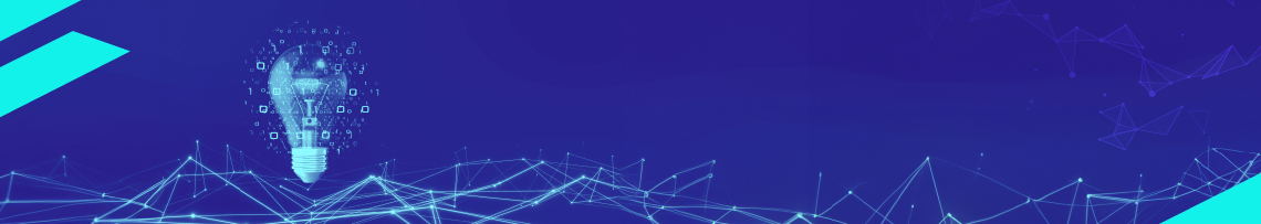 An illustration of computer data shaped like a light bulb on a blue banner background.