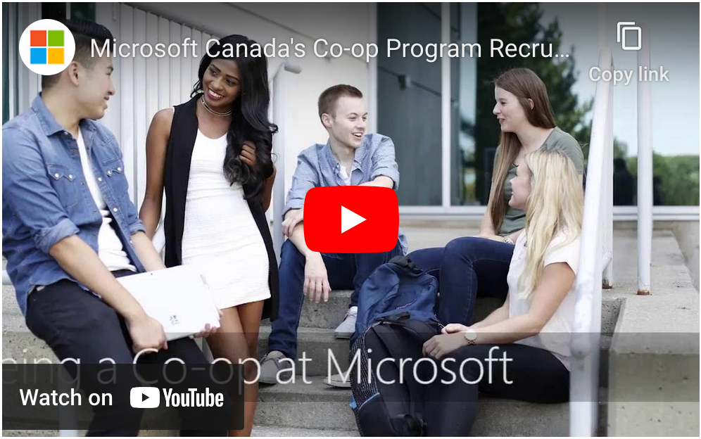 Screenshot of a Microsoft promotional video featuring Waterloo co-op students.