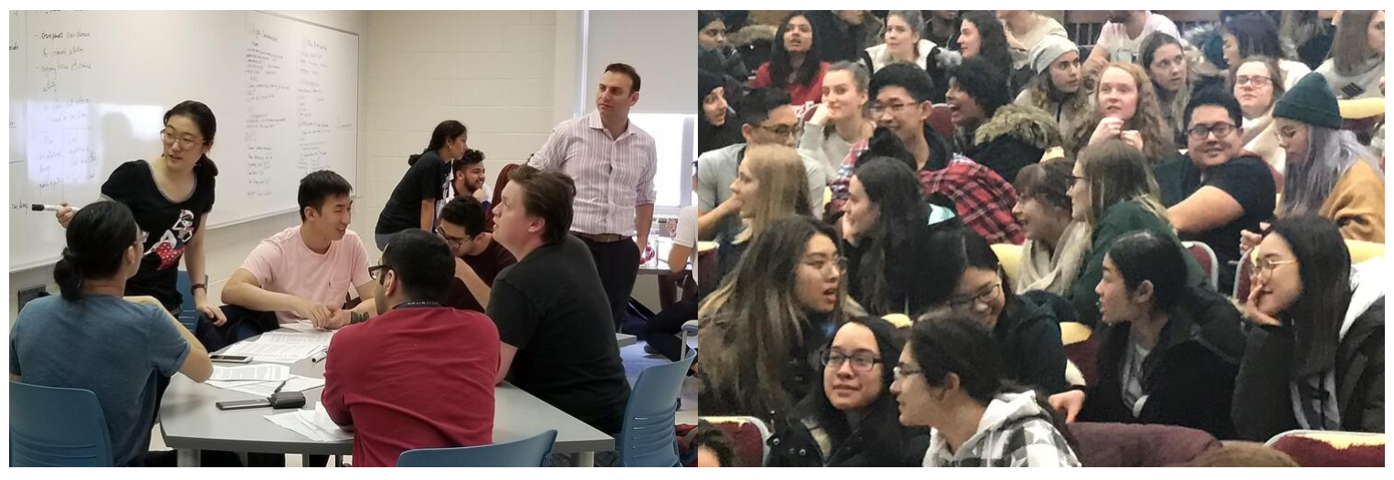 Flexible learning classroom versus traditional lecture hall. (Photos taken pre-pandemic)