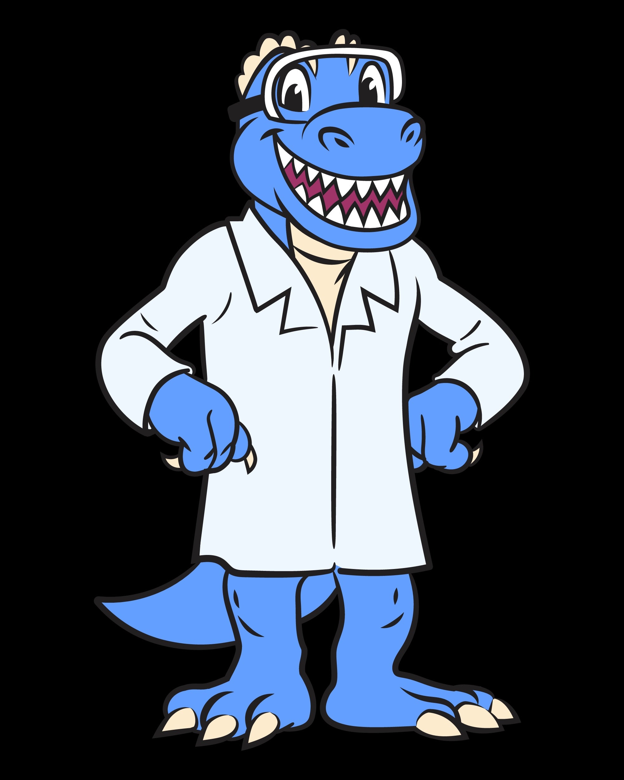 Cobalt, the safety goggle and lab coat-wearing blue dinosaur mascot of the Faculty of Science.