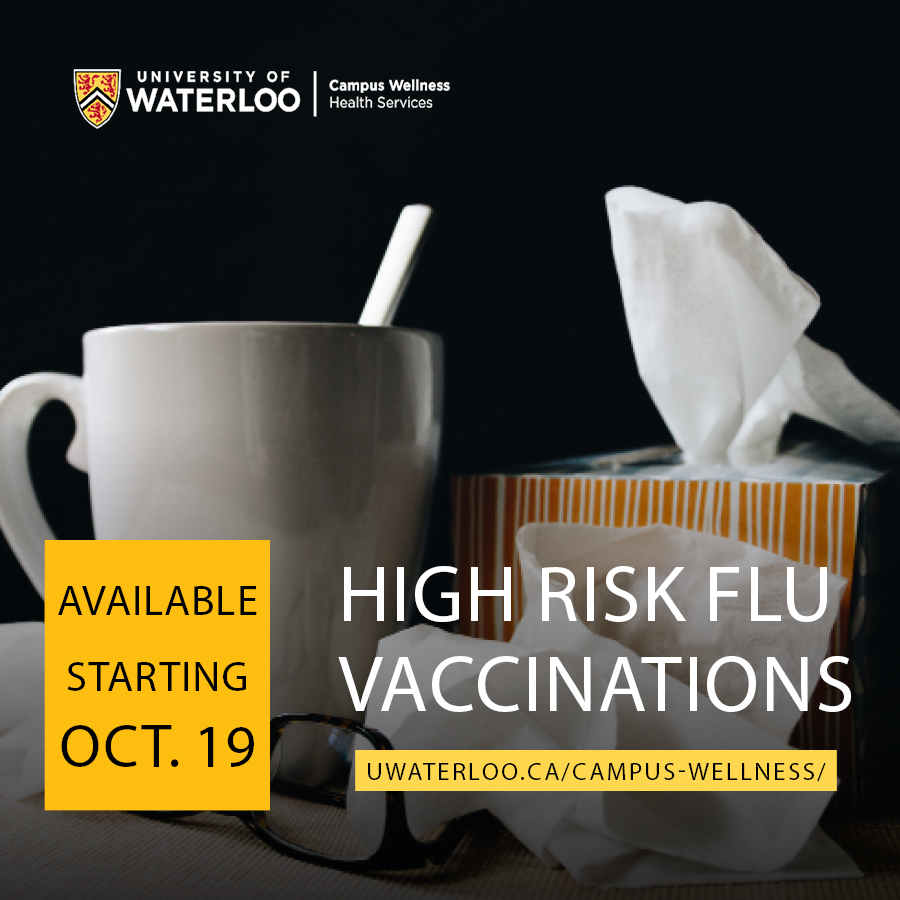 A mug and box of tissues with the words "high risk flu vaccinations" superimposed over them.