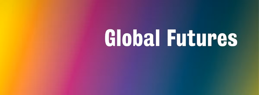Graphic with a multicoloured gradient background displaying the text “Global Futures.”