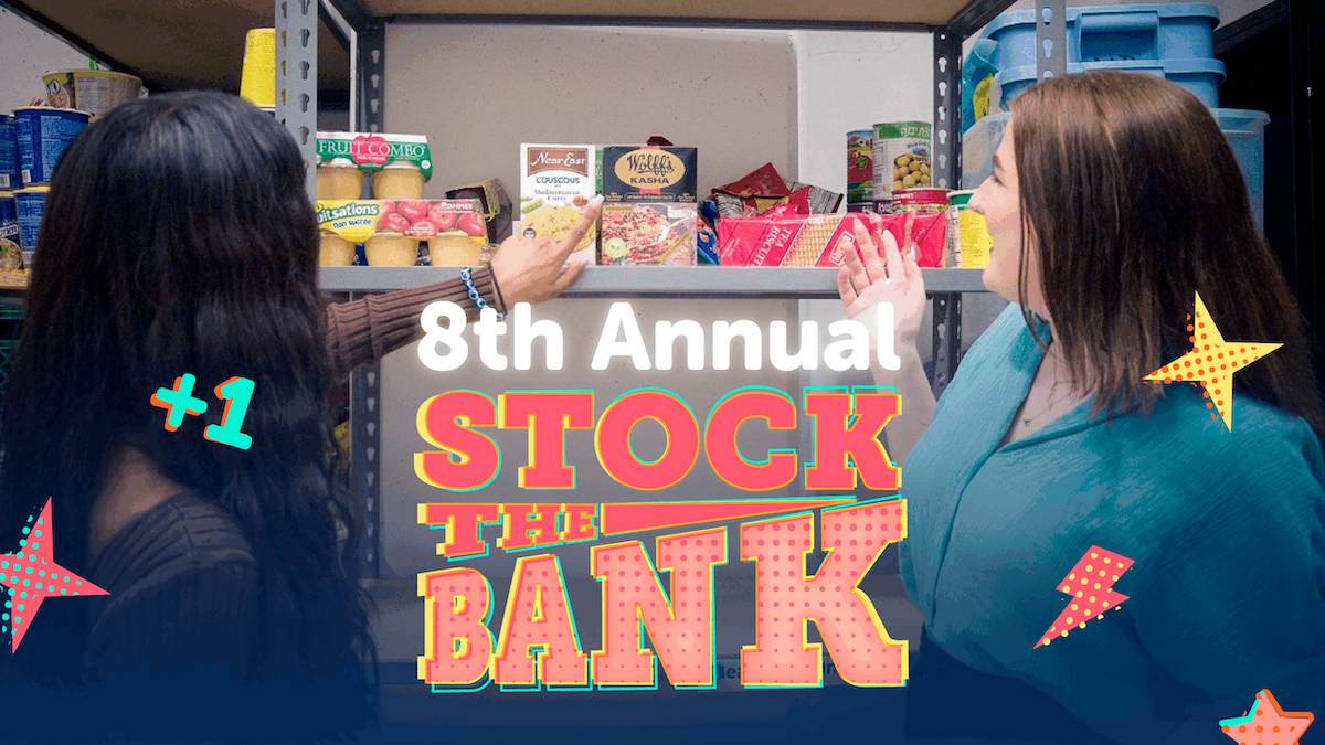 8th annual stock the bank challenge graphic - two students peruse items on a shelf.
