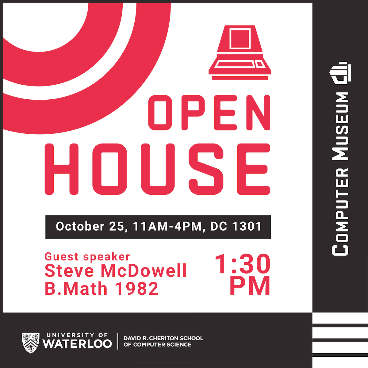 Computer Museum open house graphic featuring a line-drawing of a Commodore PET computer.