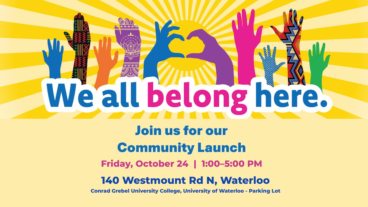 We all belong here message with illustrations of hands raised.