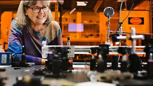 Nobel Laureate Dr. Donna Strickland in her laser research lab.