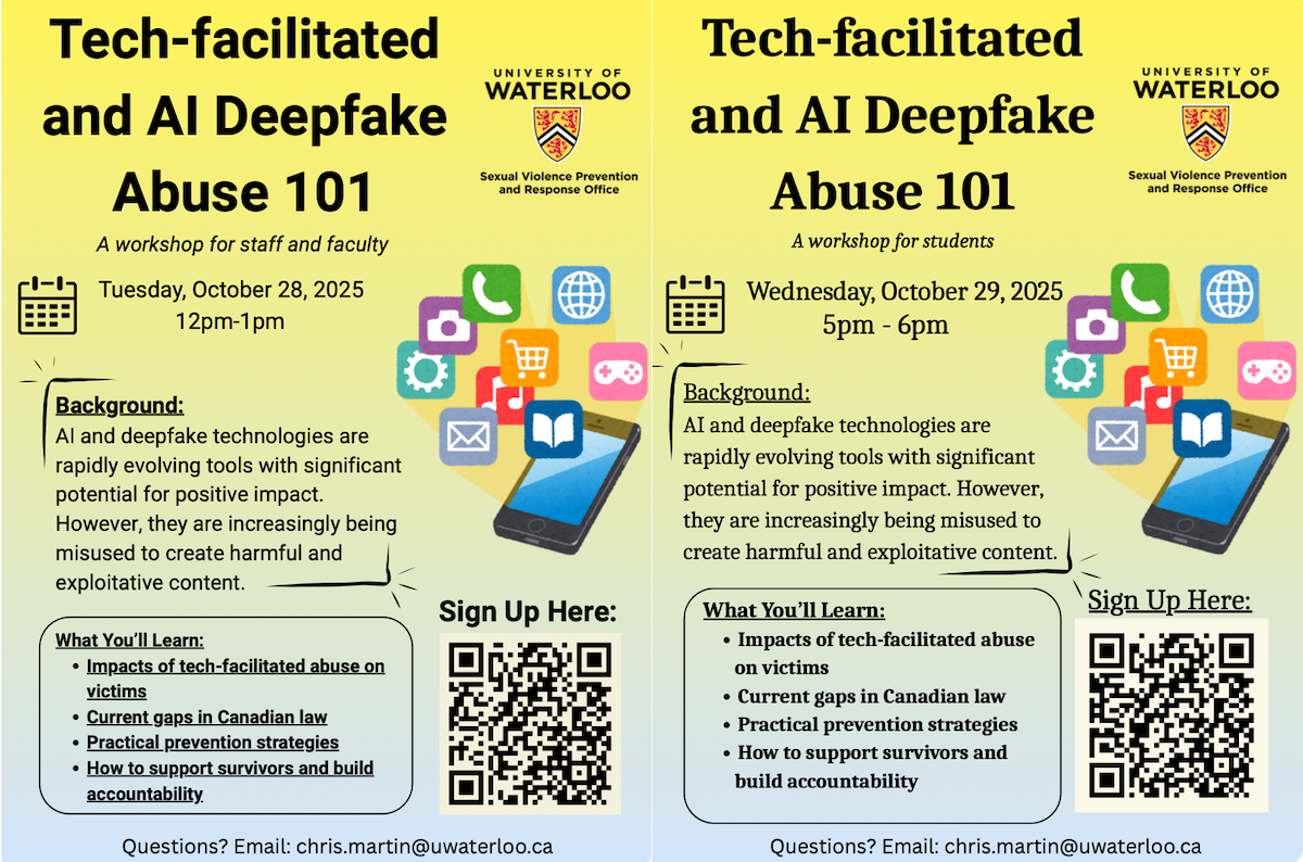 Two tech-facilitated AI and deepfake workshop with QR codes.