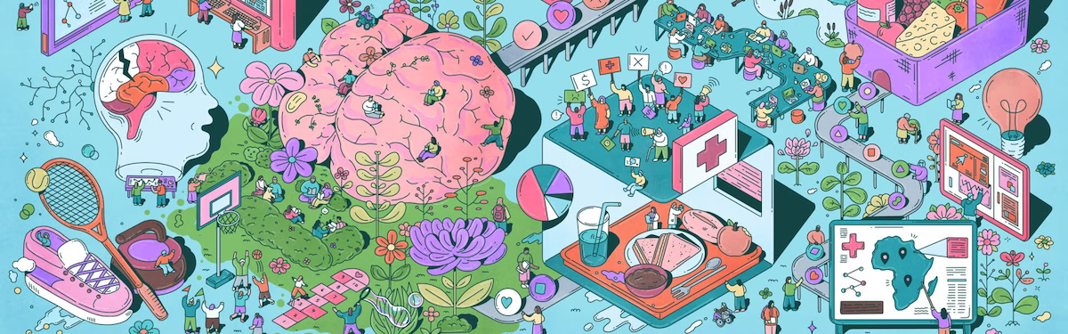 An illustration of a human brain as the centrepiece of a public park.