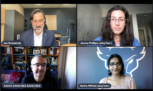 Four participants in an online video call.