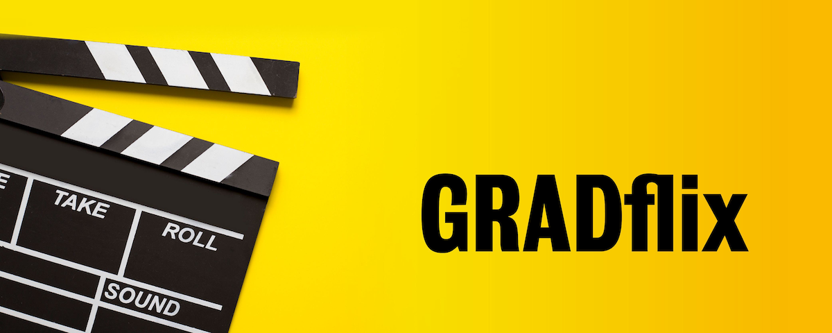 Movie clapboard with "GRADflix" text