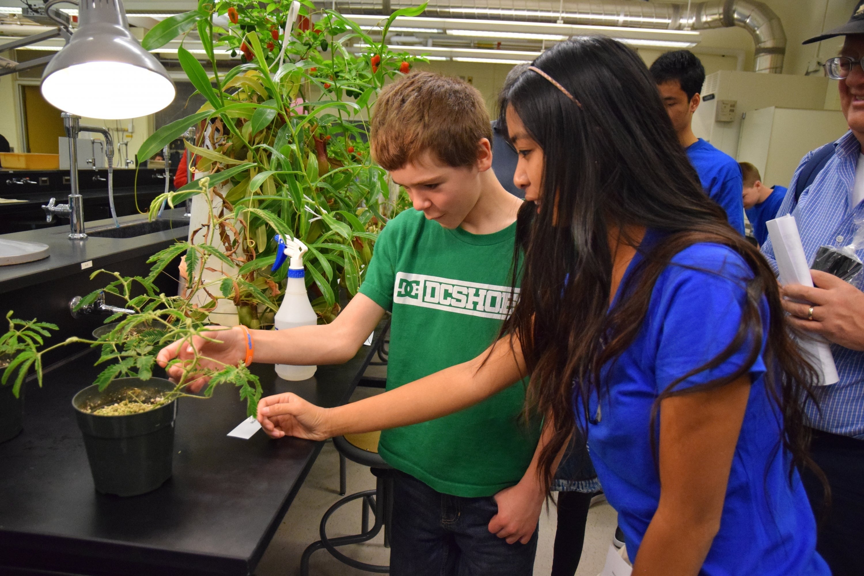 Two young people look at plants.