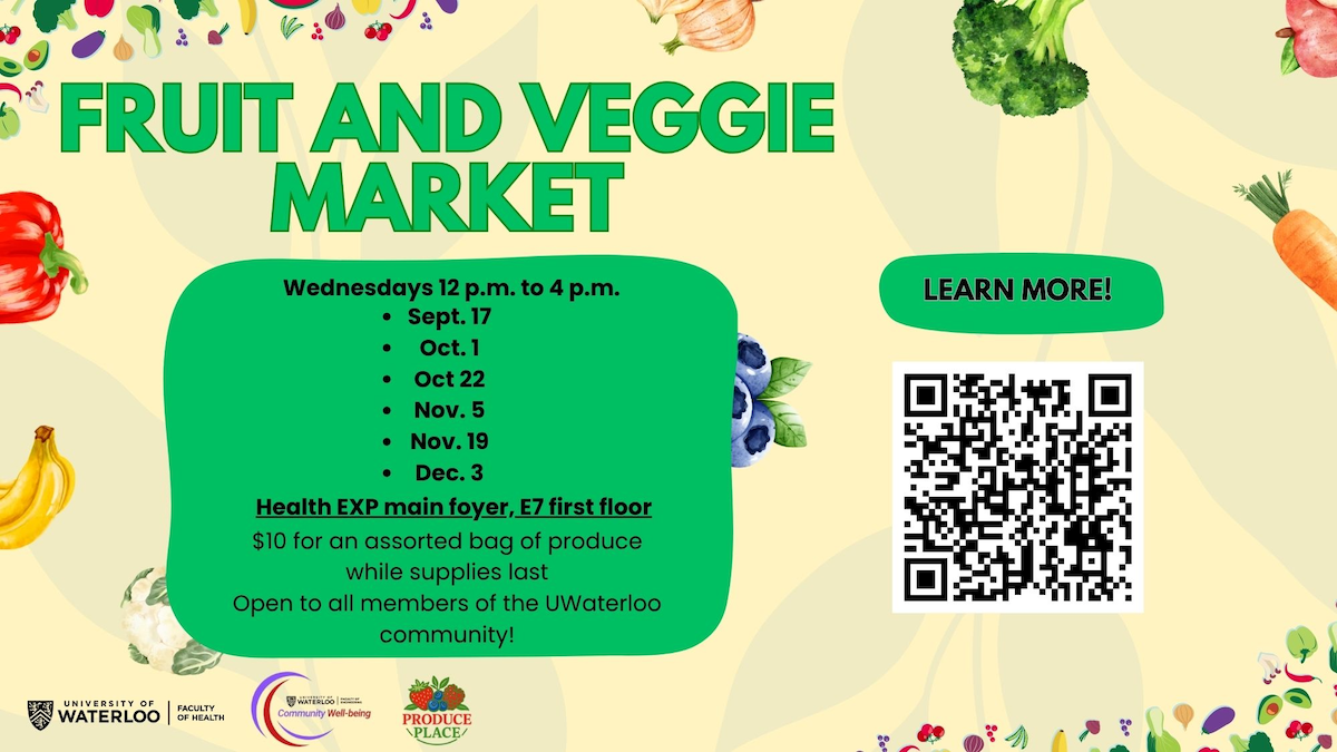 Fruit and Veggie market banner with cartoon illustrations of fruits and vegetables.