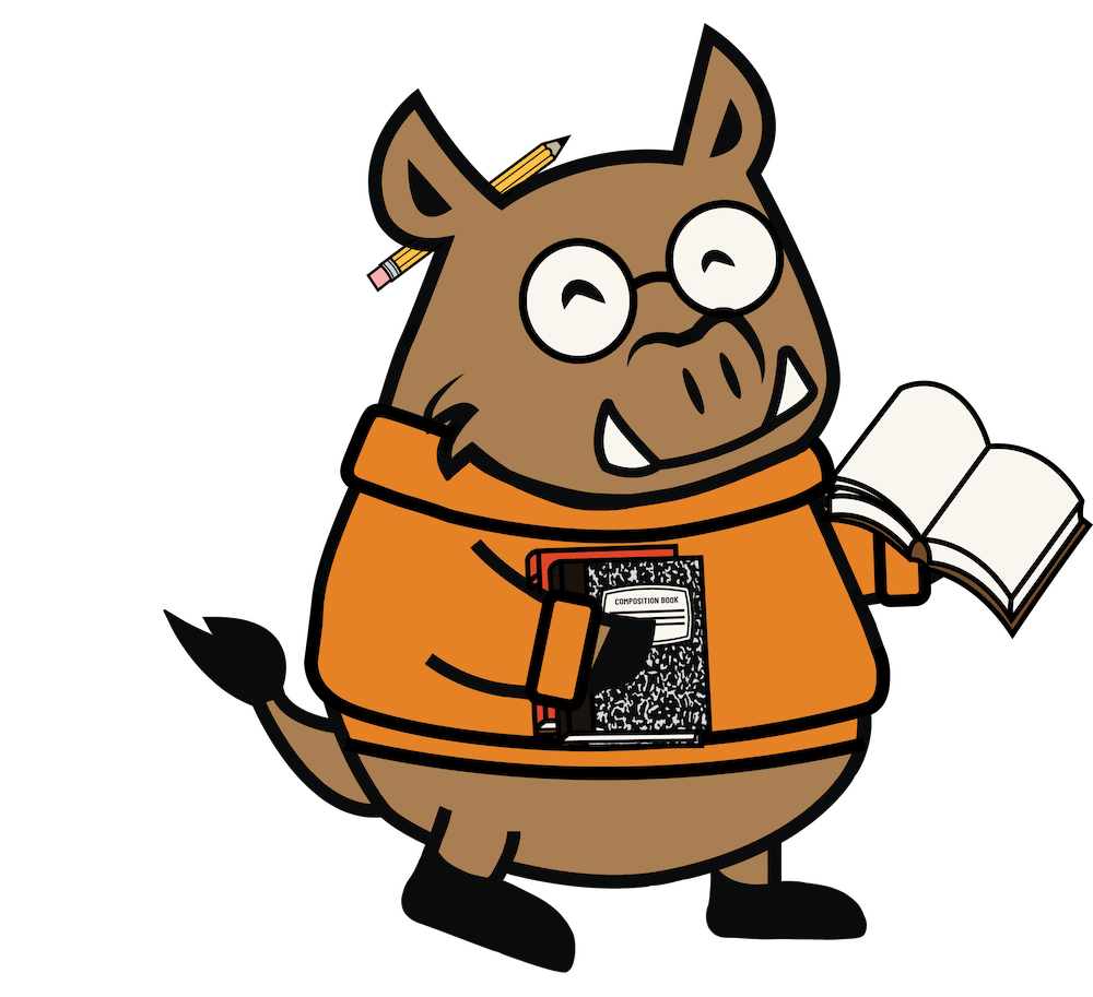 A cartoon illustration of the Faculty of Arts Mascot Porcellino wearing an orange sweatshirt and carrying schoolbooks.