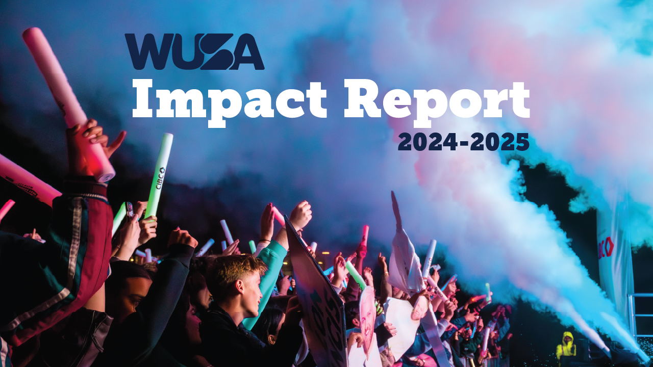 WUSA Impact Report banner showing students with noisemakers at a concert.