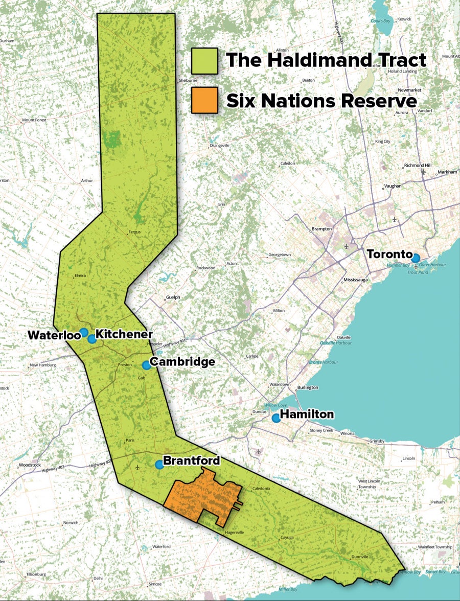 A map of southern Ontario showing the historical Haldimand Tract and the current territory of the Six Nations of the Grand River